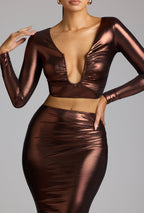 Chic Mid Rise Metallic Jersey Maxi Skirt in Copper Bronze
