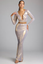 Chic Mid Rise Metallic Jersey Maxi Skirt in Light Gold