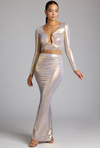 Chic Mid Rise Metallic Jersey Maxi Skirt in Light Gold