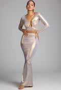 Chic Mid Rise Metallic Jersey Maxi Skirt in Light Gold