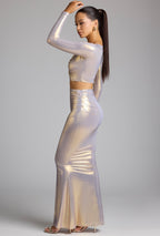 Chic Mid Rise Metallic Jersey Maxi Skirt in Light Gold