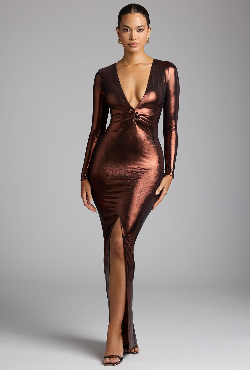 Chic Long Sleeve Metallic Jersey Evening Gown in Copper Bronze