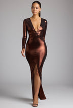 Chic Long Sleeve Metallic Jersey Evening Gown in Copper Bronze