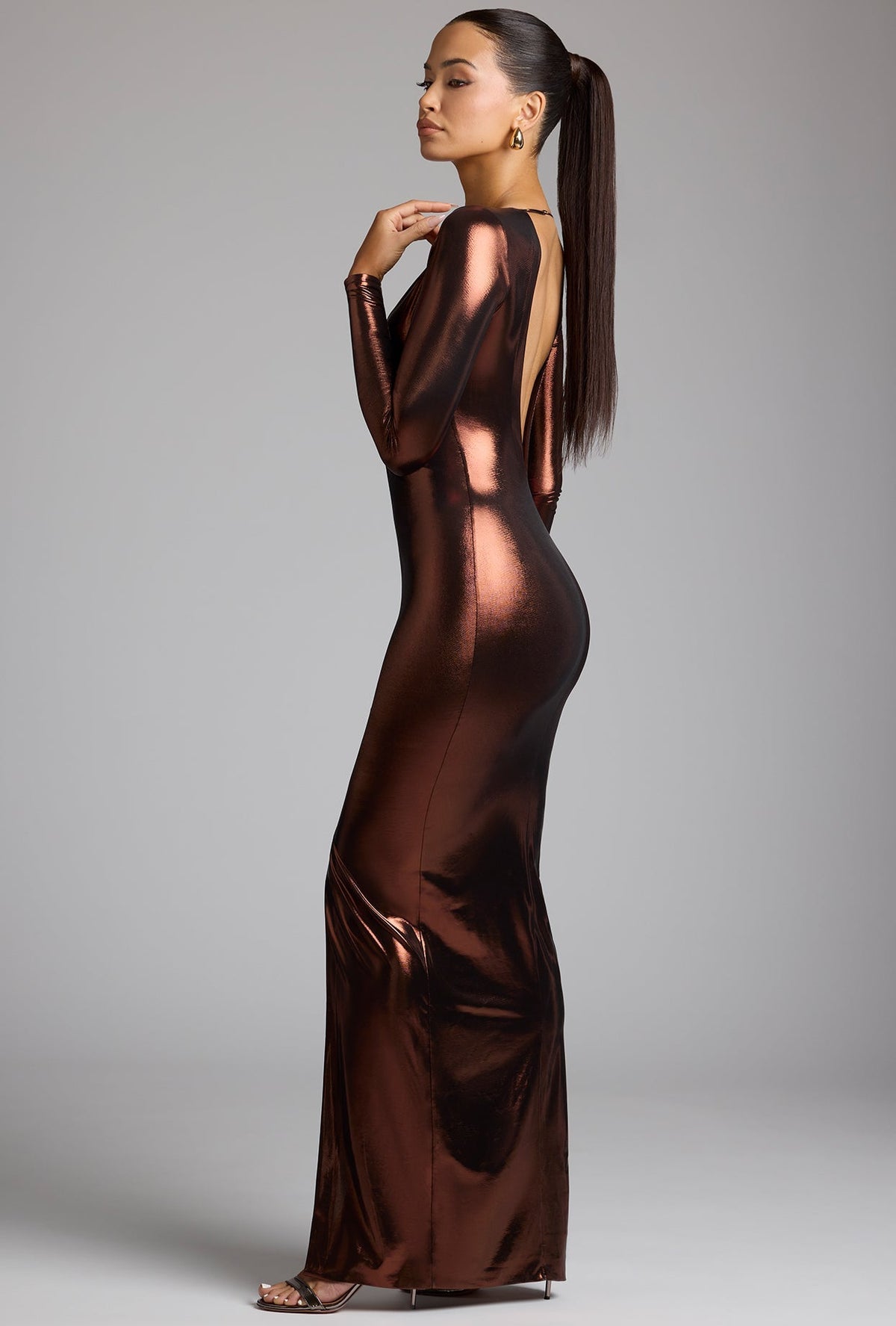 Chic Long Sleeve Metallic Jersey Evening Gown in Copper Bronze