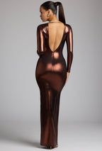 Chic Long Sleeve Metallic Jersey Evening Gown in Copper Bronze
