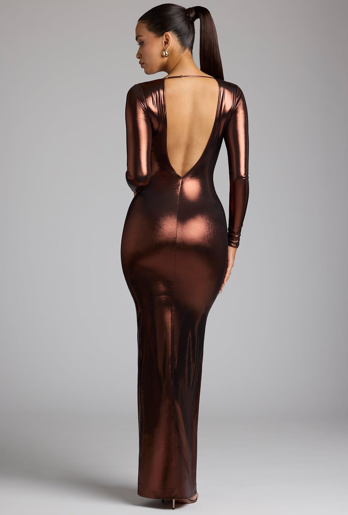Chic Long Sleeve Metallic Jersey Evening Gown in Copper Bronze