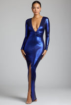 Chic Long Sleeve Metallic Jersey Evening Gown in Electric Blue