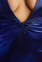 Chic Long Sleeve Metallic Jersey Evening Gown in Electric Blue