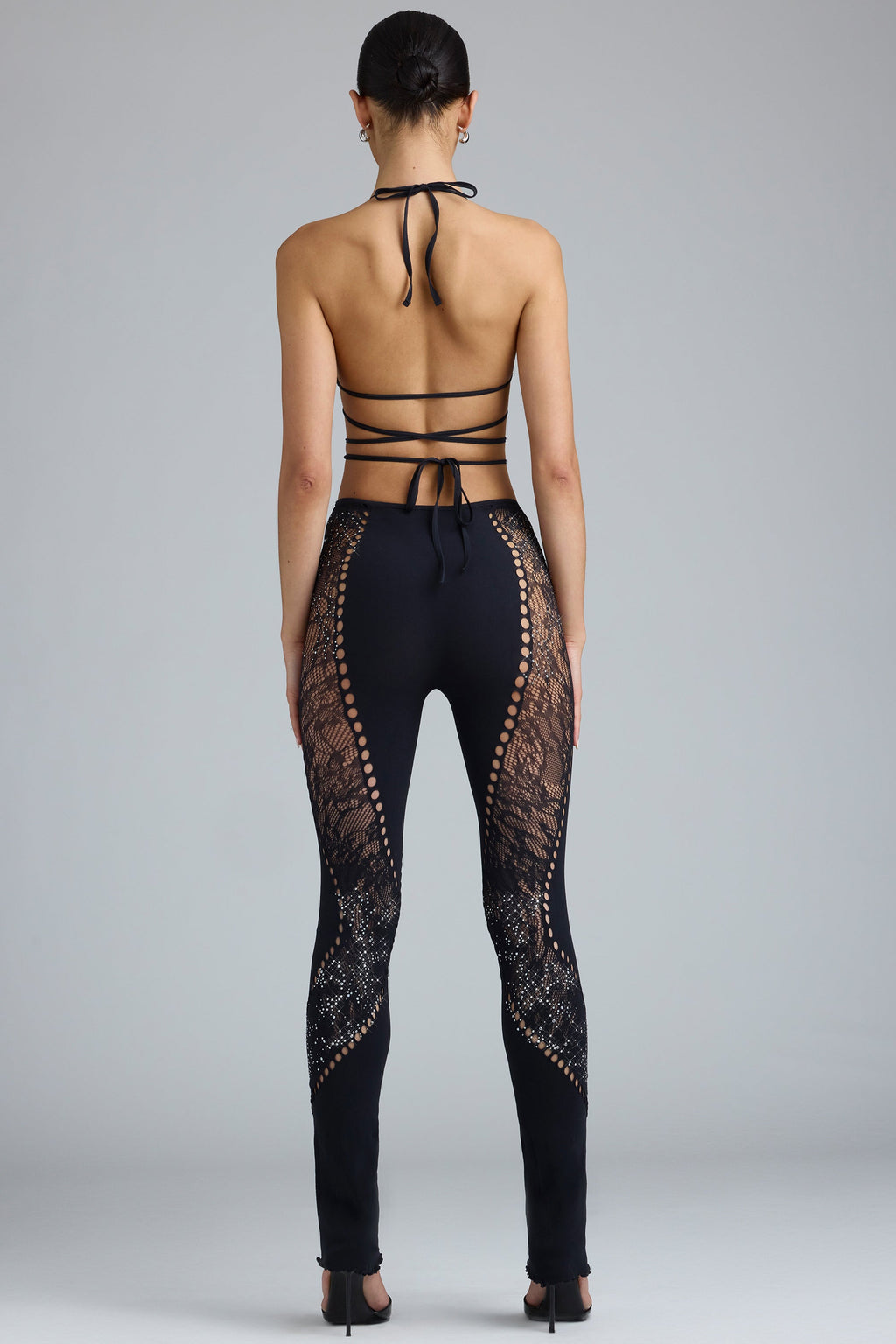 Chic Embellished Mid-Rise Flared Trousers in Black