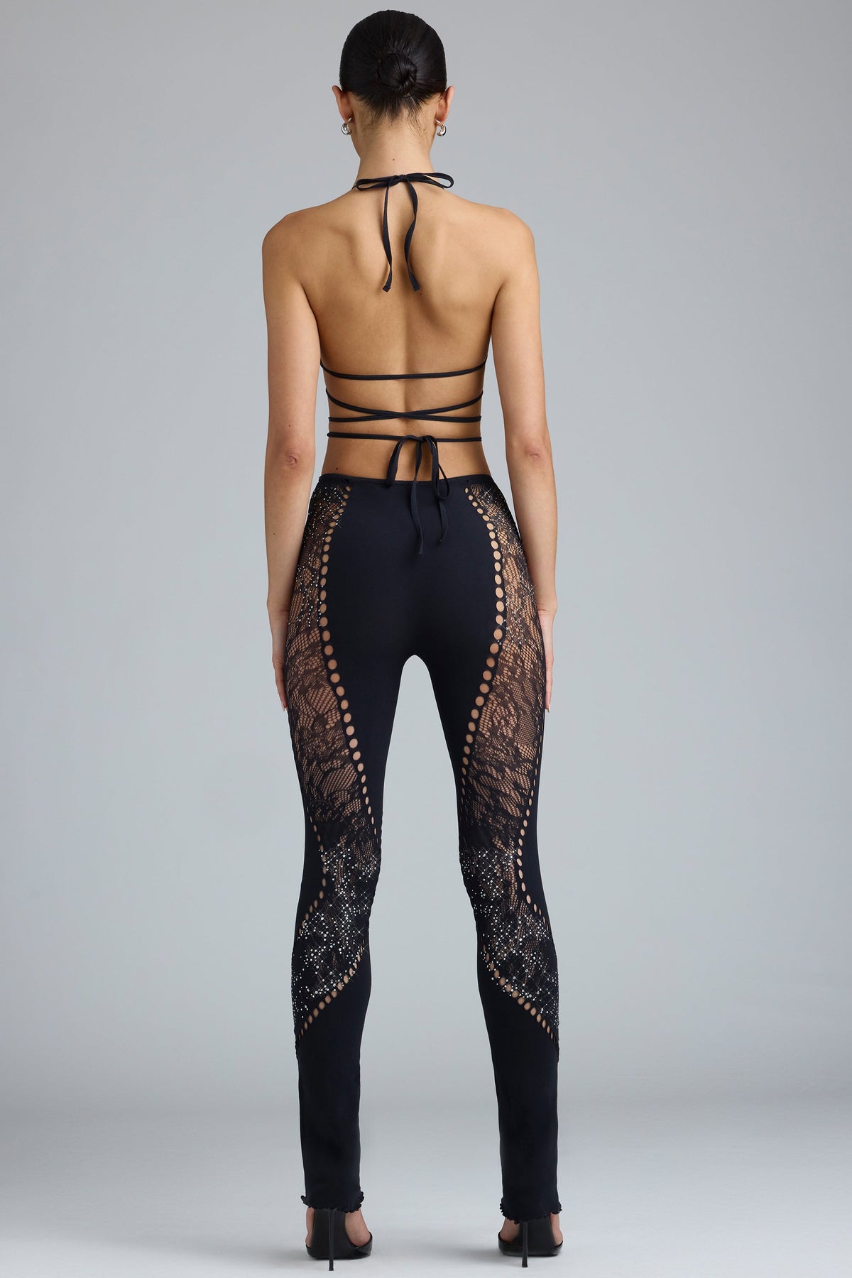 Chic Embellished Mid-Rise Flared Trousers in Black