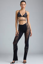 Chic Embellished Mid-Rise Flared Trousers in Black
