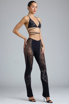Chic Embellished Mid-Rise Flared Trousers in Black