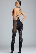 Chic Embellished Mid-Rise Flared Trousers in Black