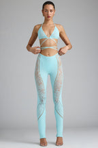 Chic Embellished Mid-Rise Flared Trousers in Ice Blue