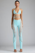 Chic Petite Embellished Mid-Rise Flared Trousers in Ice Blue