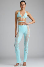 Chic Petite Embellished Mid-Rise Flared Trousers in Ice Blue