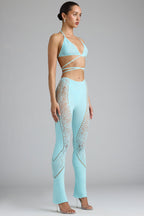Chic Petite Embellished Mid-Rise Flared Trousers in Ice Blue