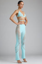 Chic Embellished Mid-Rise Flared Trousers in Ice Blue