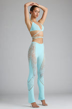 Chic Petite Embellished Mid-Rise Flared Trousers in Ice Blue