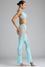 Chic Petite Embellished Mid-Rise Flared Trousers in Ice Blue