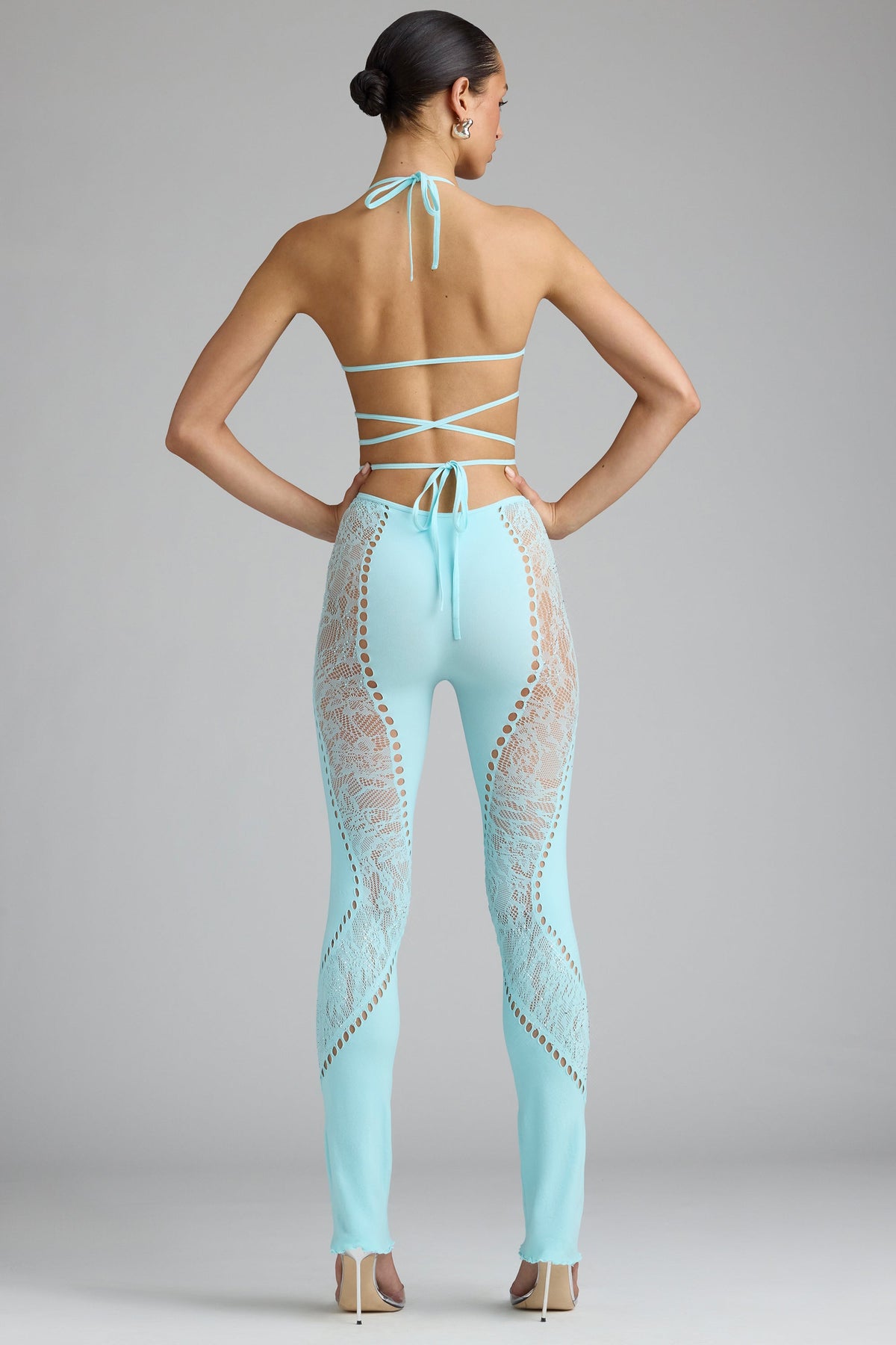 Chic Embellished Mid-Rise Flared Trousers in Ice Blue