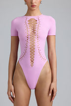 Chic Lace-Up Bodysuit in Violet Pink