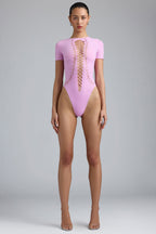 Chic Lace-Up Bodysuit in Violet Pink