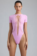 Chic Lace-Up Bodysuit in Violet Pink