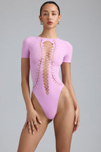 Chic Lace-Up Bodysuit in Violet Pink