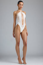 Chic Lace-Up Halterneck Bodysuit in Ivory