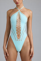 Chic Lace-Up Halterneck Bodysuit in Ice Blue