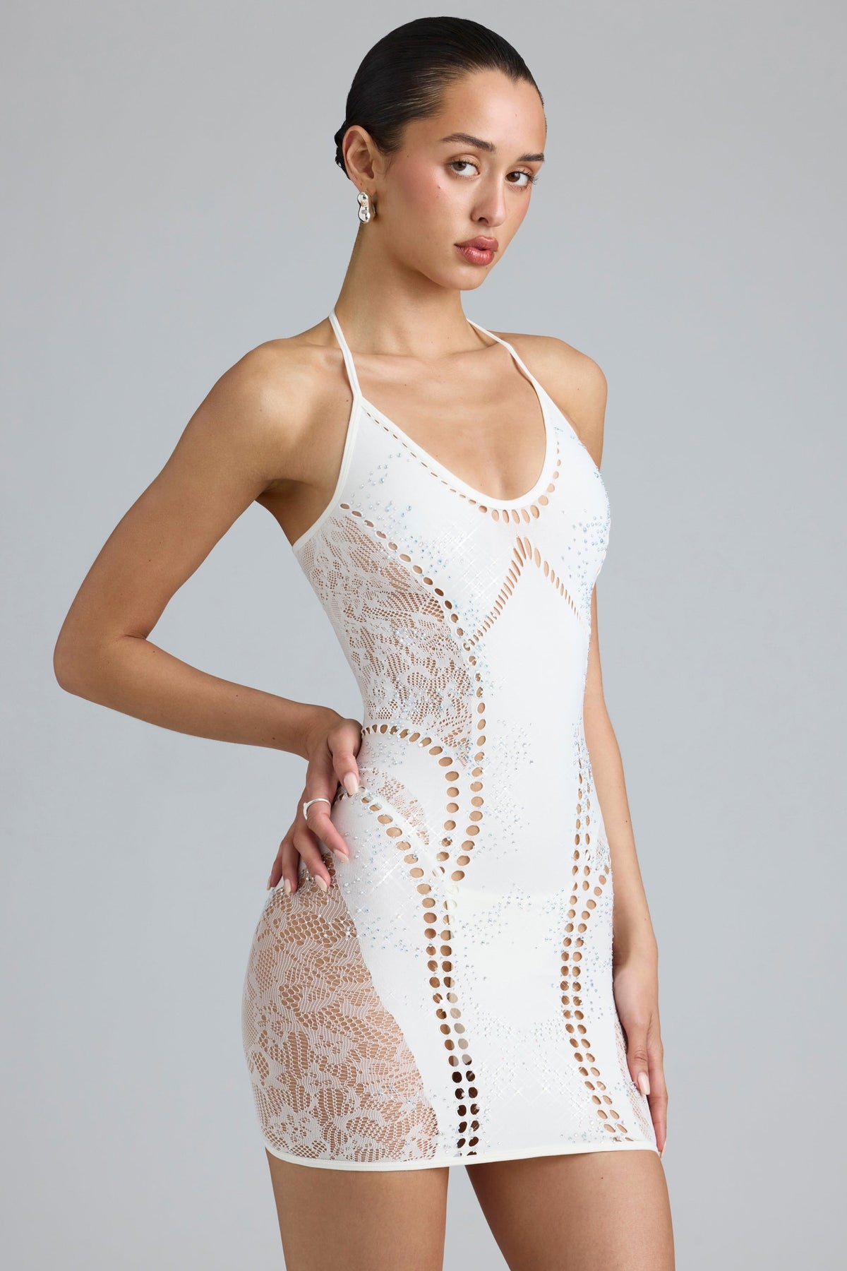 Chic Embellished Halterneck Mini Dress in Ivory