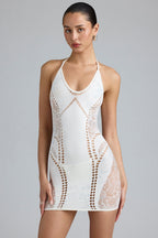 Chic Embellished Halterneck Mini Dress in Ivory