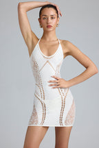 Chic Embellished Halterneck Mini Dress in Ivory