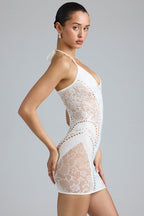 Chic Embellished Halterneck Mini Dress in Ivory