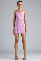 Chic Embellished Halterneck Mini Dress in Violet Pink