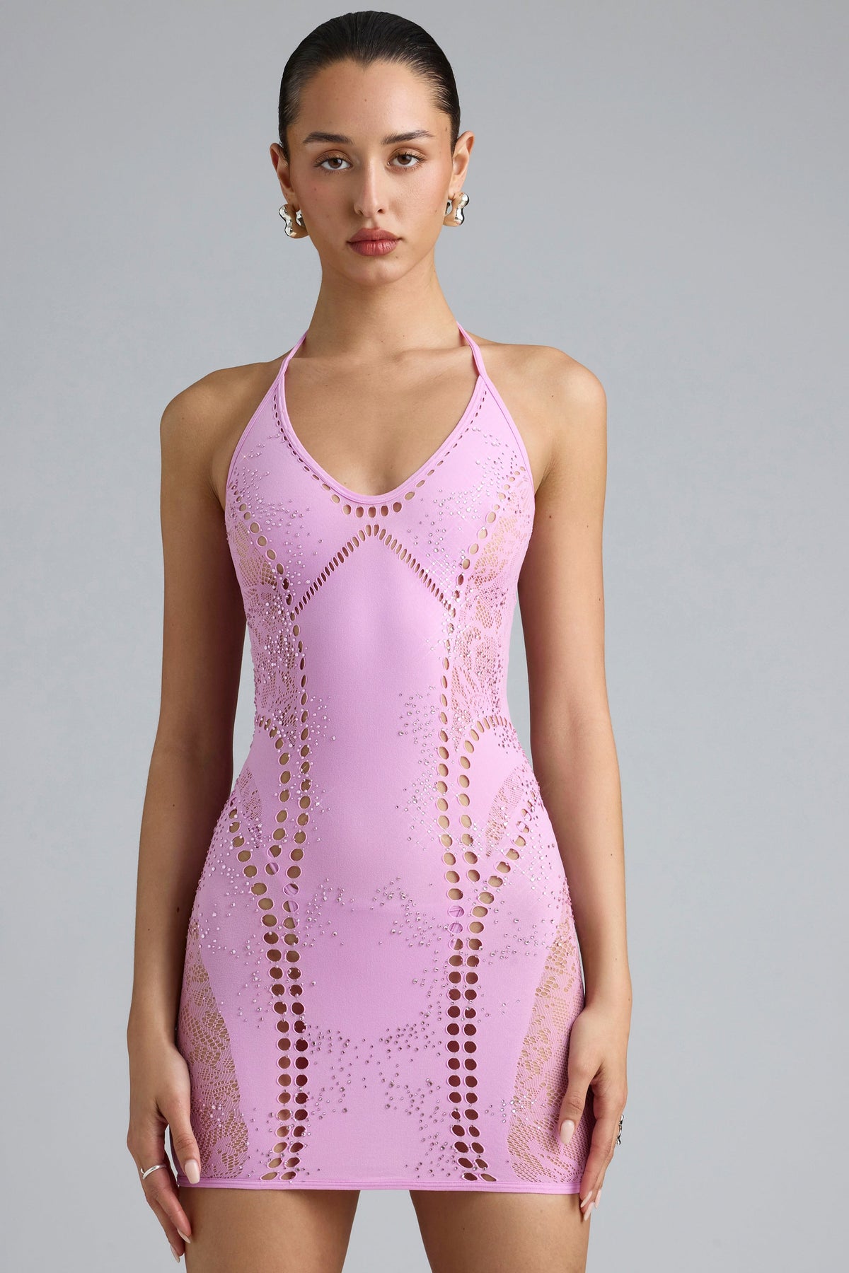 Chic Embellished Halterneck Mini Dress in Violet Pink