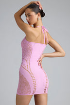 Chic Embellished Halterneck Mini Dress in Violet Pink