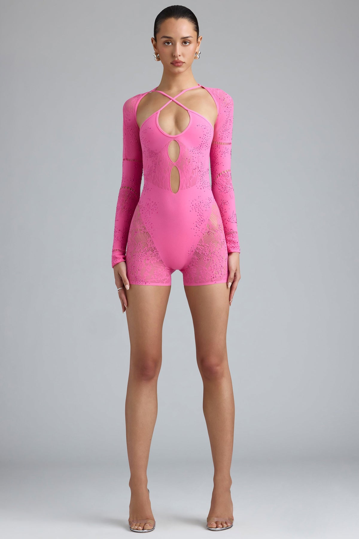 Chic Embellished Cut-Out Unitard in Bubblegum Pink