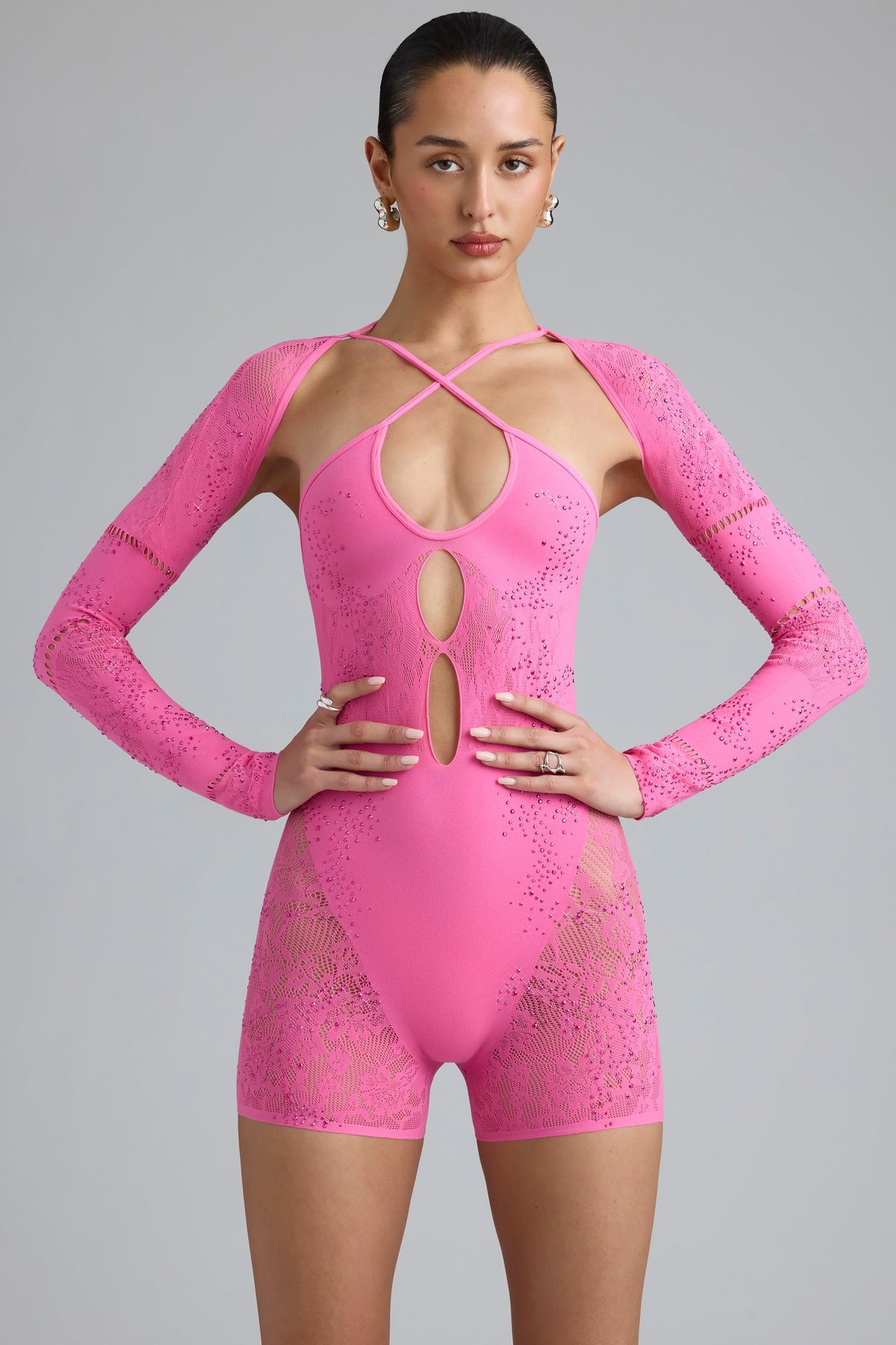 Chic Embellished Cut-Out Unitard in Bubblegum Pink