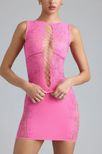 Chic Embellished Lace-Up High-Neck Top in Bubblegum Pink