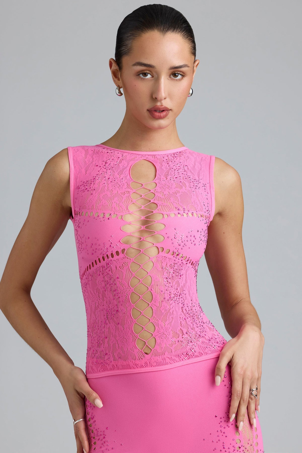 Chic Embellished Lace-Up High-Neck Top in Bubblegum Pink