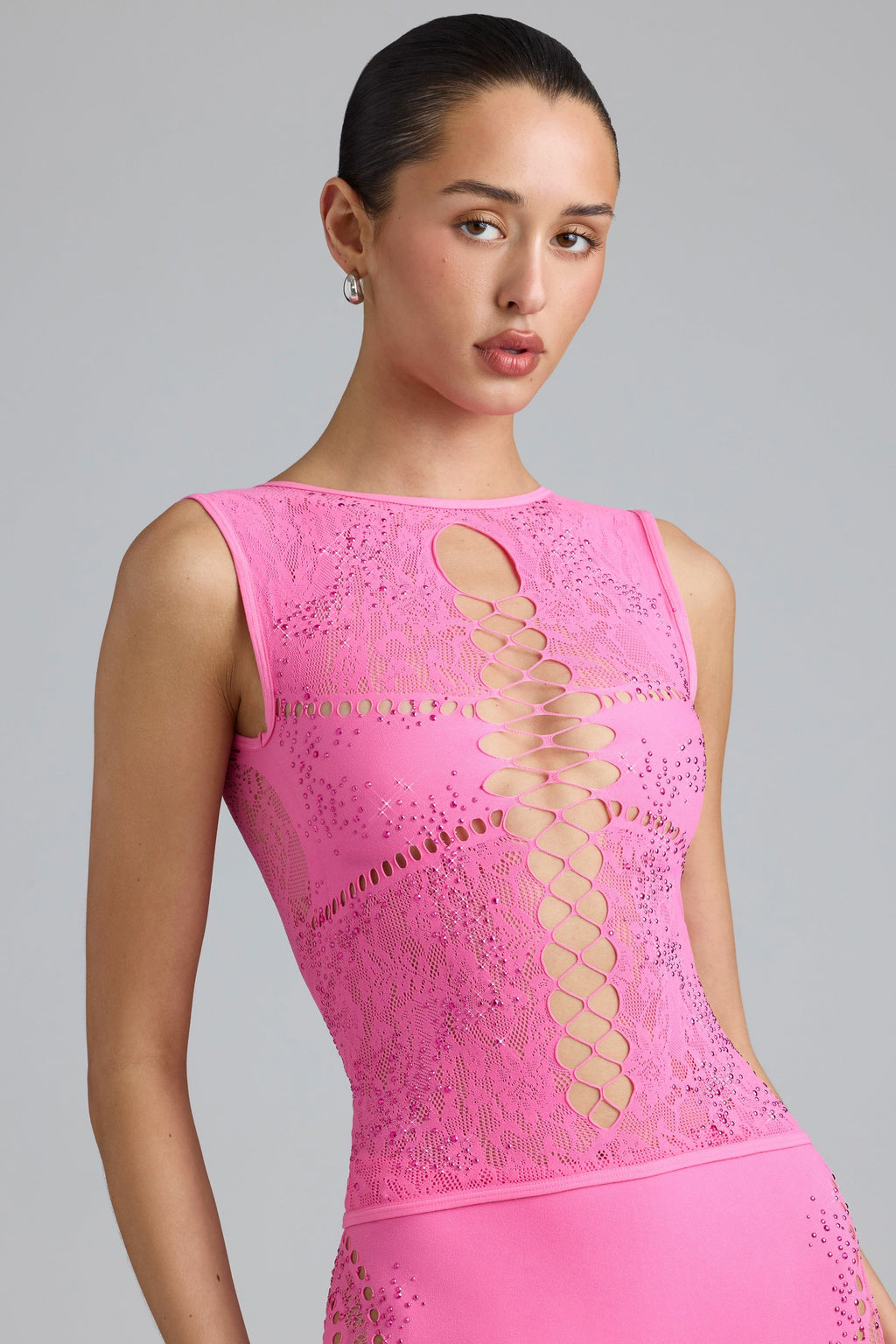 Chic Embellished Lace-Up High-Neck Top in Bubblegum Pink