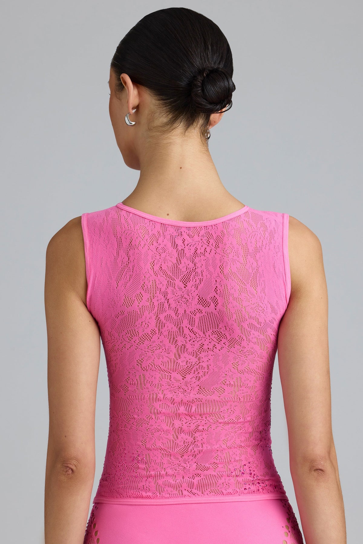 Chic Embellished Lace-Up High-Neck Top in Bubblegum Pink