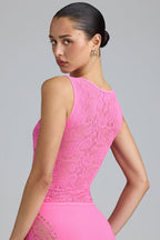 Chic Embellished Lace-Up High-Neck Top in Bubblegum Pink
