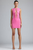Chic Embellished Lace-Up High-Neck Top in Bubblegum Pink