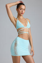 Chic Embellished Mid-Rise Mini Skirt in Ice Blue