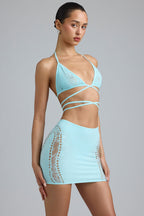 Chic Embellished Mid-Rise Mini Skirt in Ice Blue