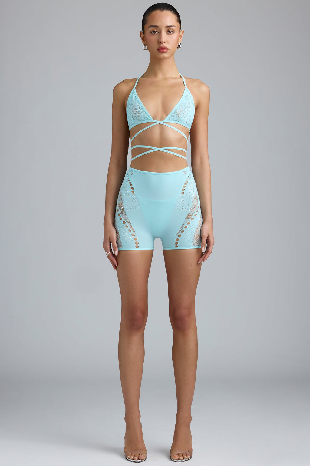Chic Embellished High-Waist Shorts in Ice Blue