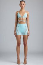 Chic Embellished High-Waist Shorts in Ice Blue